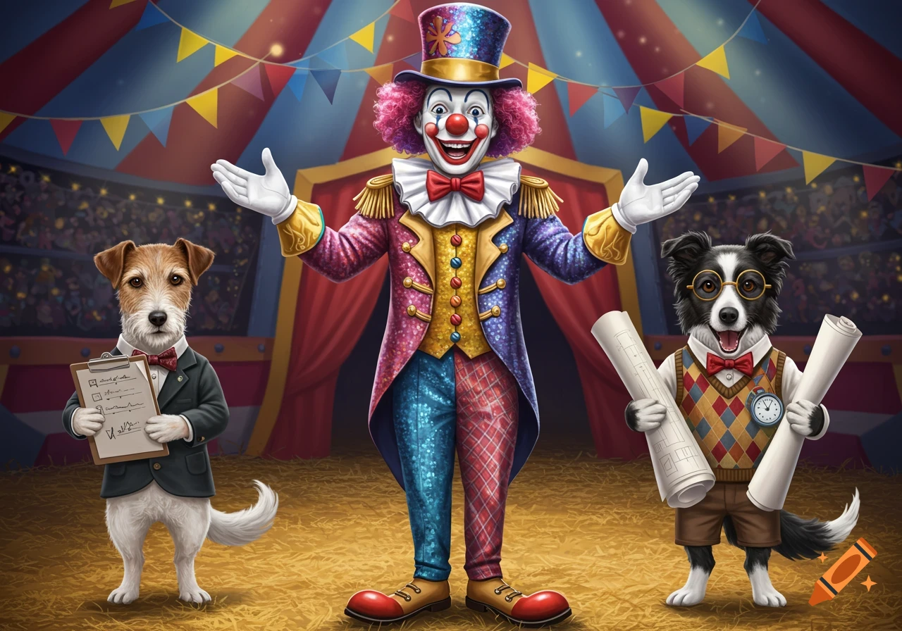 A colorful clown ringleader with two anthropomorphic dog sidekicks in a circus tent. One dog holds a clipboard, the other scrolls.