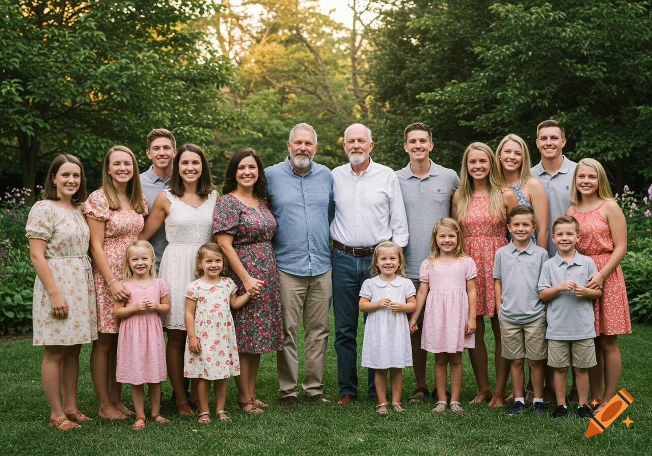 A large multi-generational family, including parents, adult children, and young grandchildren, poses together on green grass in a garden setting, smiling at the camera.