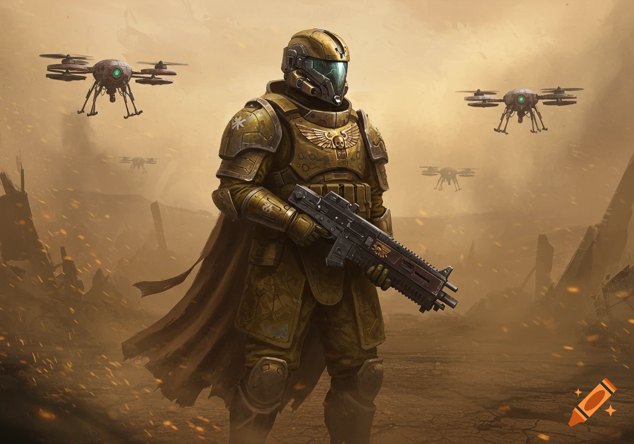 A futuristic soldier in golden armor and cloak holds a rifle in a sepia-toned blasted desert with flying drones. Digital art.
