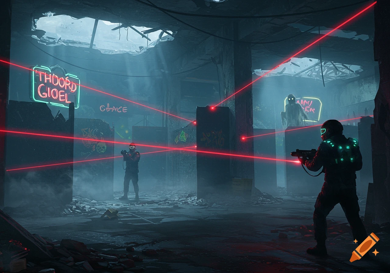 Two futuristic soldiers in a dark, ruined building with red laser beams crisscrossing. One faces a glowing-eyed shadowy figure in the distance. Neon signs with garbled text illuminate the debris-strewn scene.