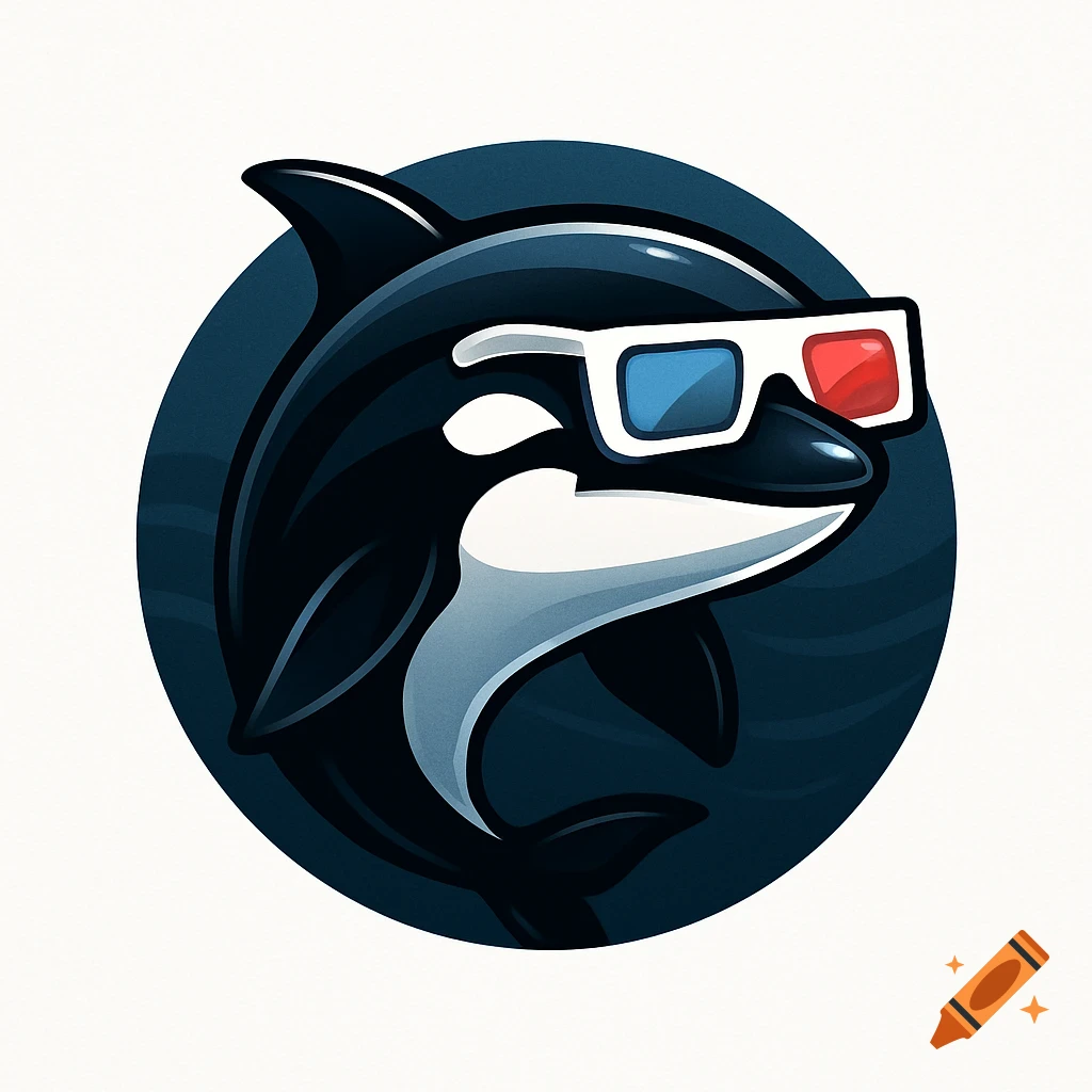 A cartoon-style round logo of an orca whale wearing red and blue 3D glasses, set against a dark blue background.