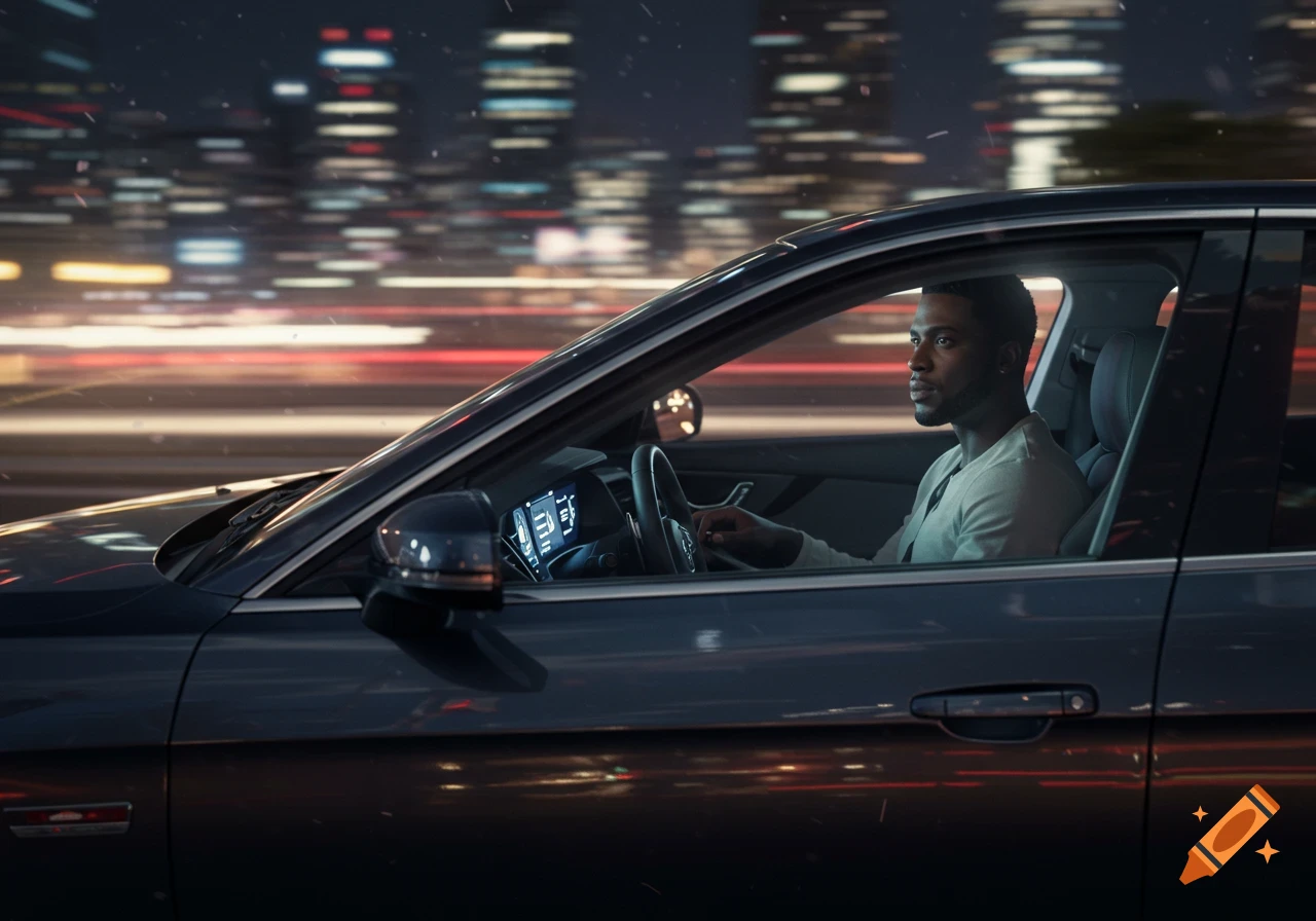 A Black man in a cream shirt drives a dark car at night, city lights blurred in the background.