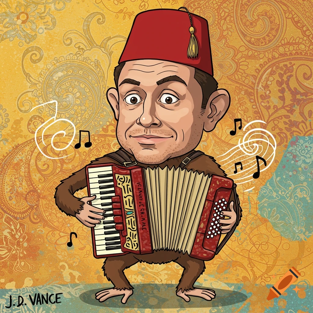 A cartoon caricature of JD Vance's head on a monkey's body, wearing a red fez and playing a red accordion with musical notes floating around.