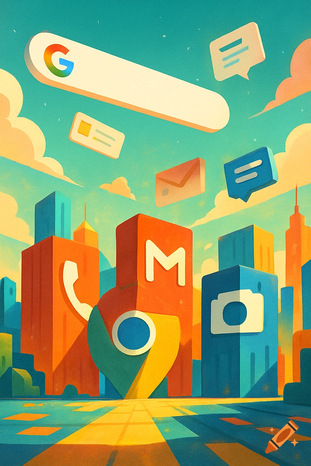 Whimsical digital art cityscape made of large Android app icons, like Google search bar, Gmail, and Chrome, under a teal sky.