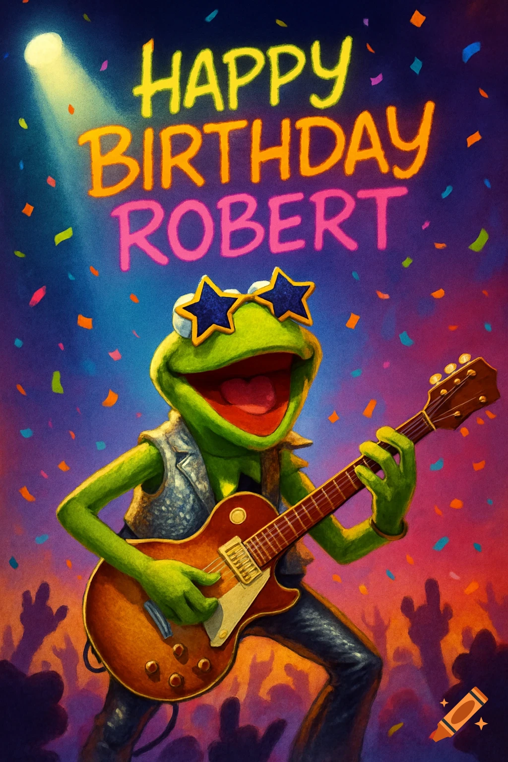 Kermit the Frog, wearing star sunglasses and a vest, plays electric guitar on stage. 'Happy Birthday Robert' text with confetti.