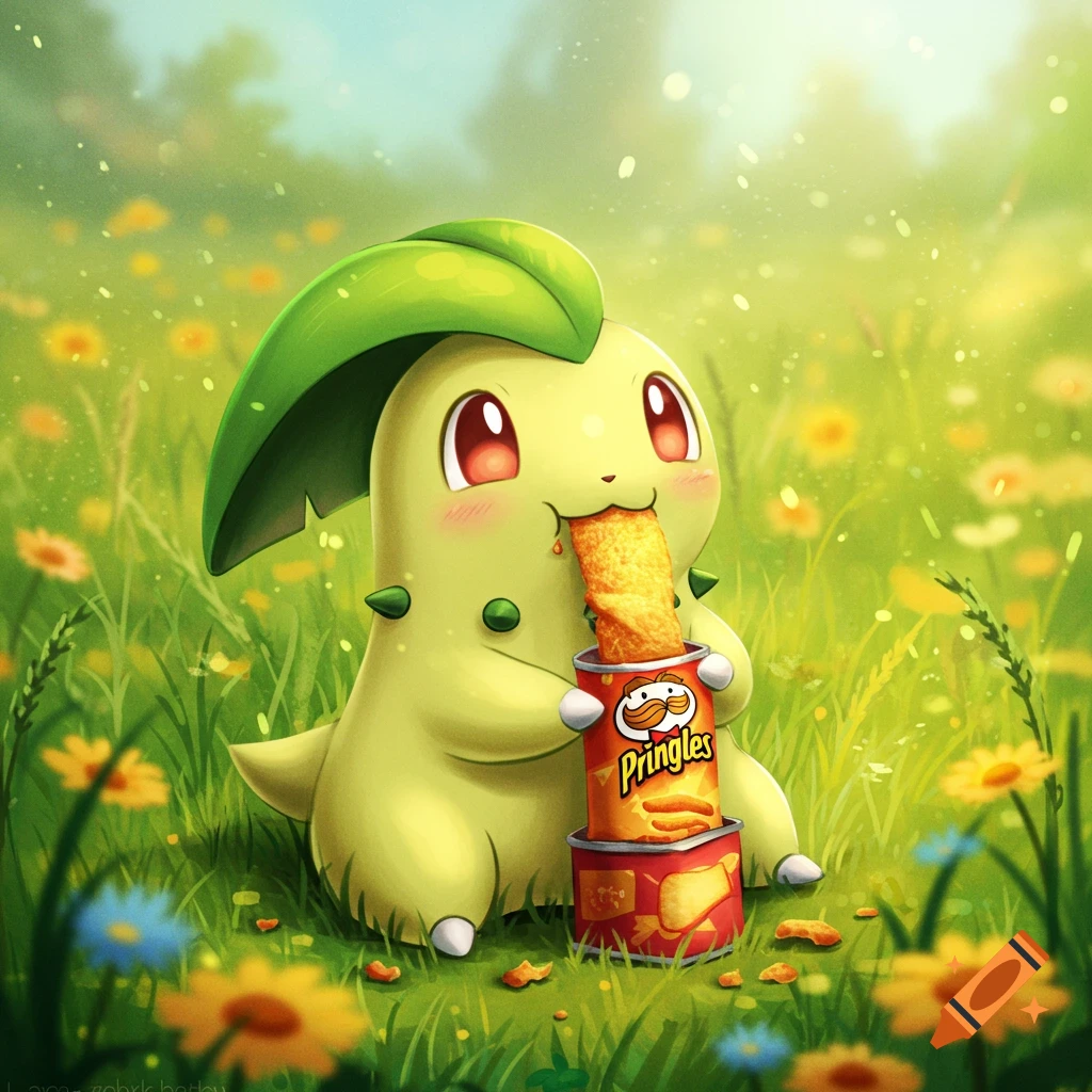 A cute Chikorita Pokémon sits in a sunny, flower-filled grassy field, happily eating a chip from a Pringles can.