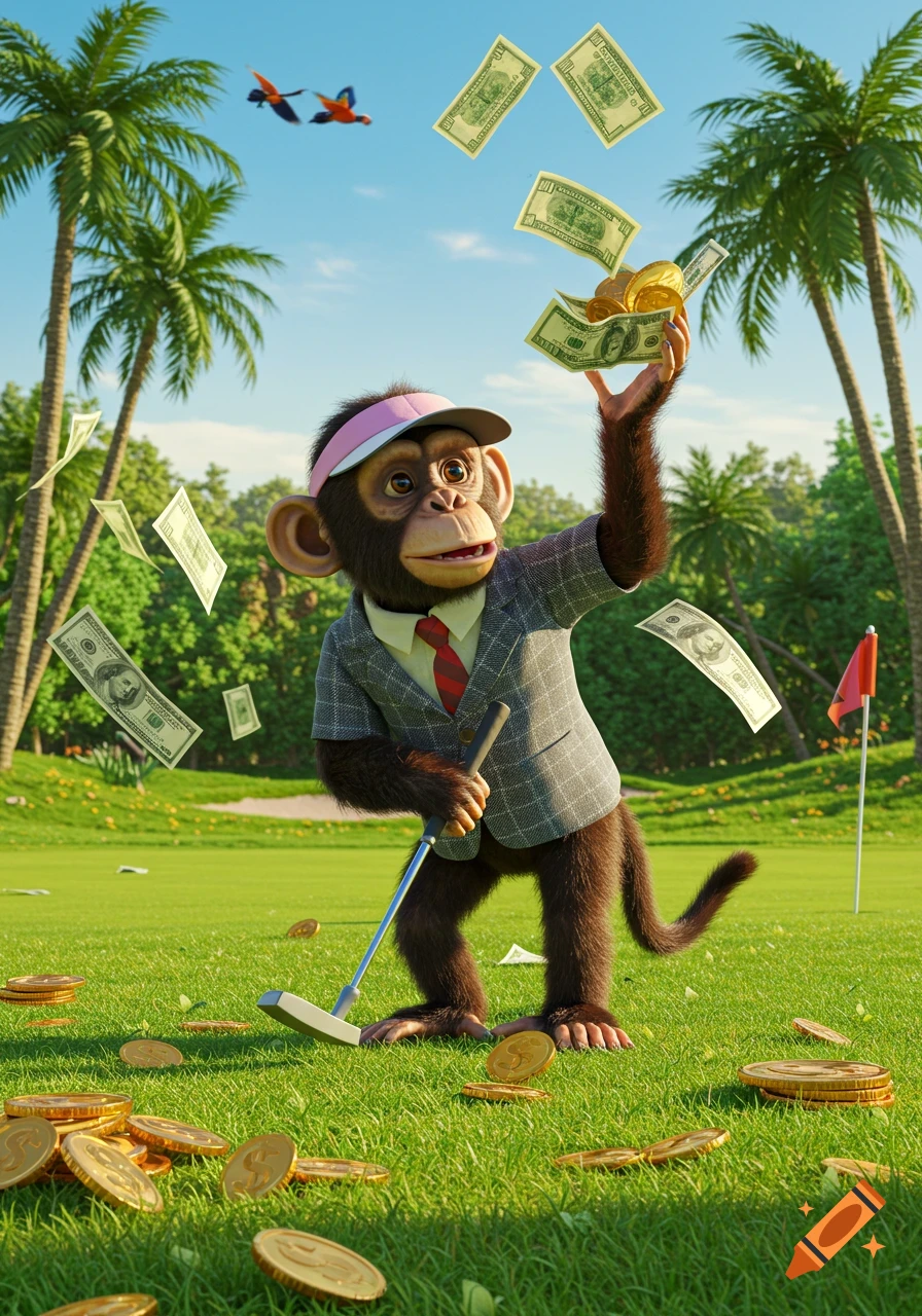 A cartoon monkey in a suit and pink visor plays golf, holding a putter and raising a hand with money and coins, on a tropical golf course with falling bills.