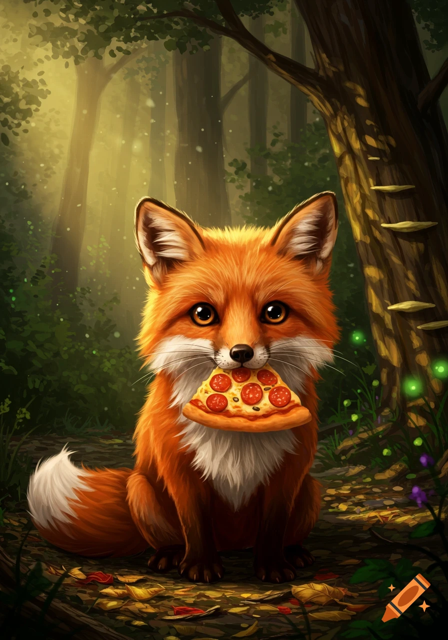 A cute red fox with big eyes sits in a sunny forest, holding a slice of pepperoni pizza in its mouth. Digital art.