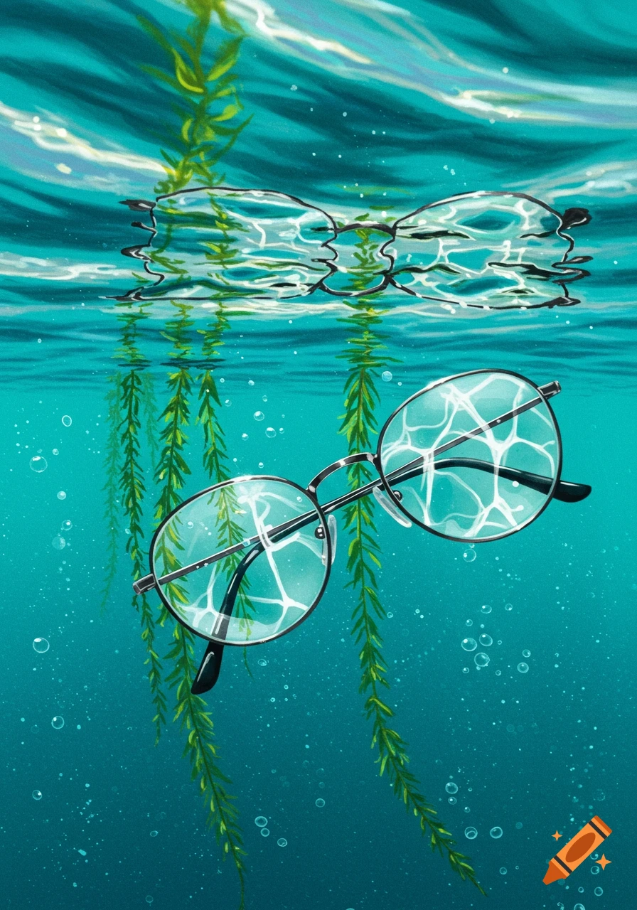 Illustration of round glasses floating underwater with seaweed, reflecting the rippled surface of the water.