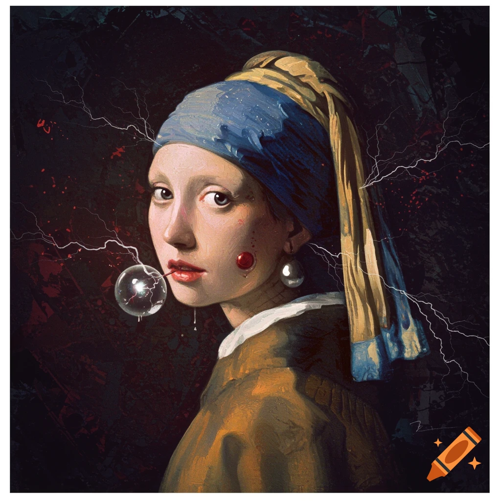 Surreal portrait of Girl with a Pearl Earring with lightning bolts and red accents, in Francis Bacon's style.