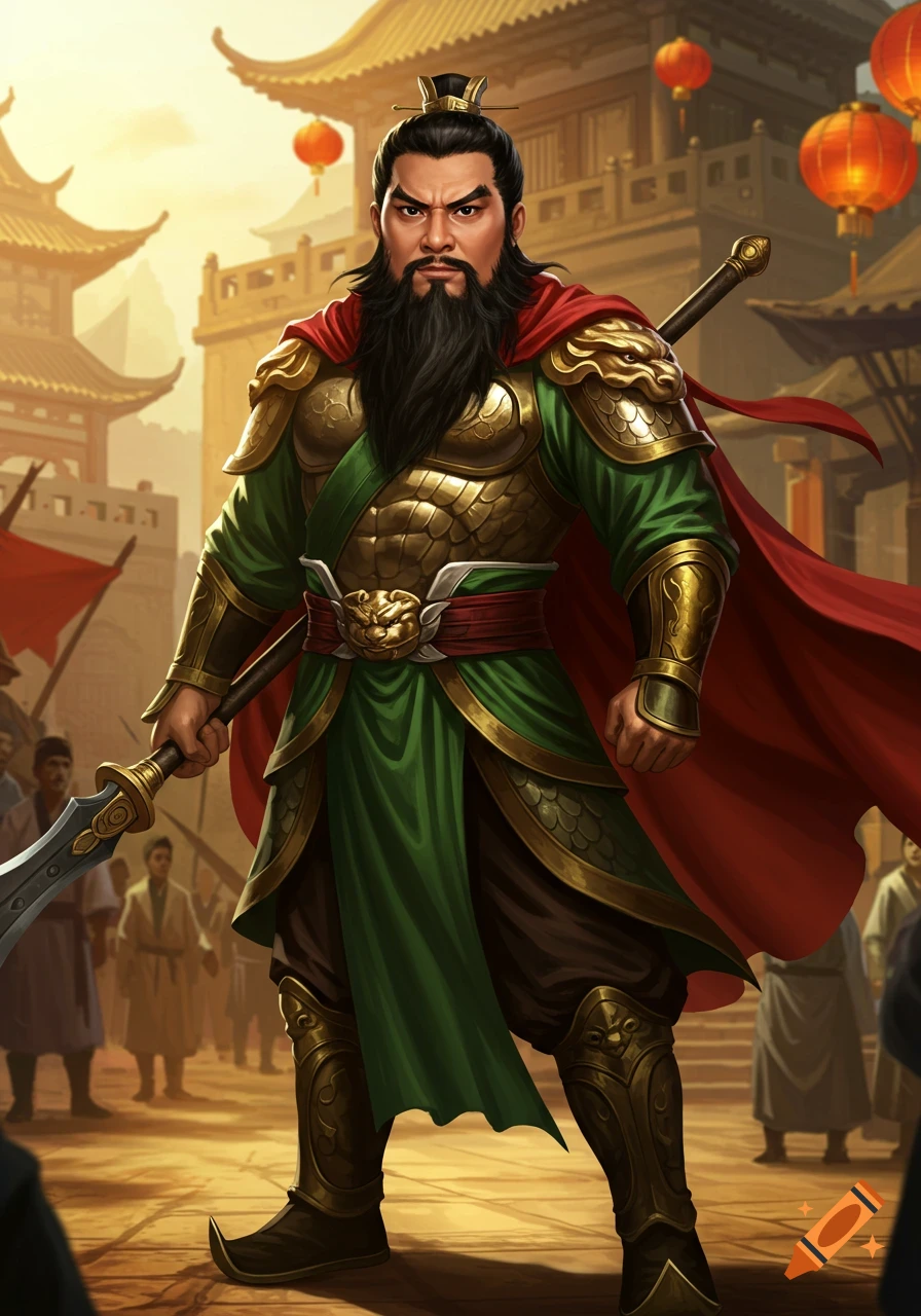 A powerful warrior with a long black beard in green and gold Chinese armor and red cape stands holding a sword on an ancient street.
