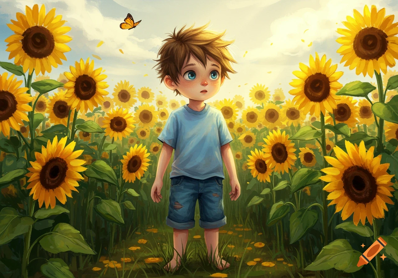 A young boy with blue eyes stands barefoot in a bright, lush sunflower field under a sunny sky, a butterfly flying above. Illustrated.