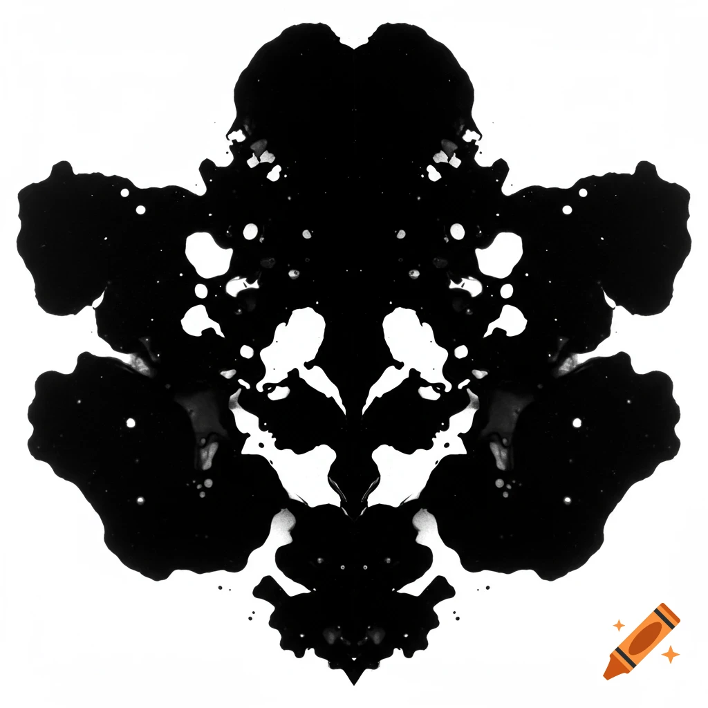 A high-contrast, symmetrical black ink Rorschach test blot on a white background.