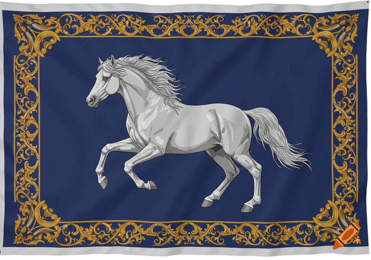 A white horse in a rearing pose on a dark blue flag with an ornate gold border.