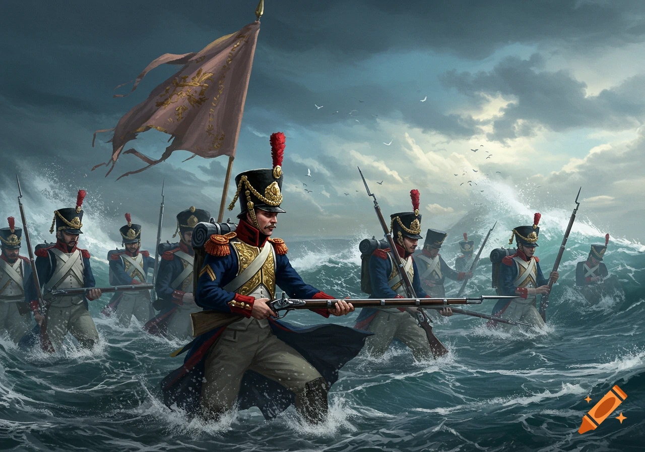 Napoleonic soldiers in ornate uniforms wade through turbulent, dark blue seas under a stormy sky, led by a standard-bearer.
