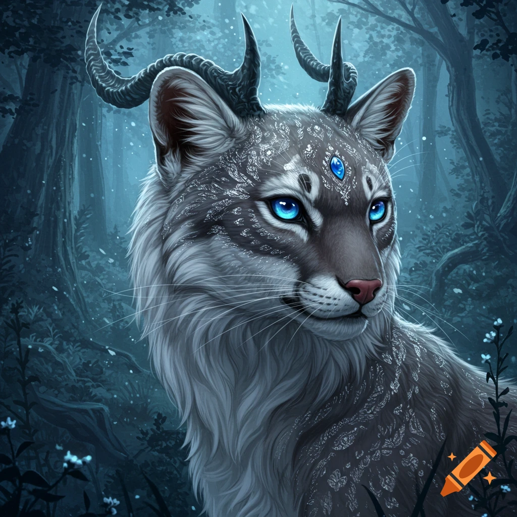A fantasy lynx-like creature with horns, glowing blue eyes, and silver markings in a dark, mystical forest. Digital art.