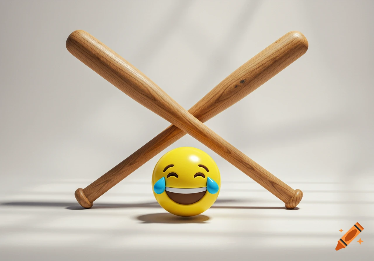 Two wooden baseball bats crossed behind a yellow laughing emoji with tears, on a light background.