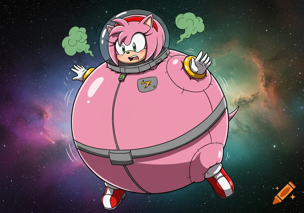Amy Rose in a pink inflated space suit floating in space, with green smoke indicating flatulence.