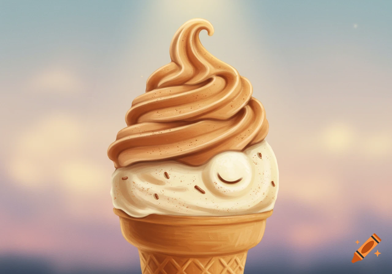 Whimsical illustration of a smiling cinnamon and vanilla soft-serve ice cream cone.