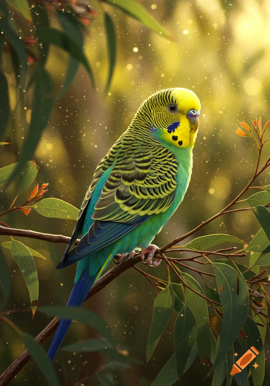 A vibrant green and yellow budgie perches on a leafy branch, bathed in golden sunlight with sparkling bokeh effects in the background.