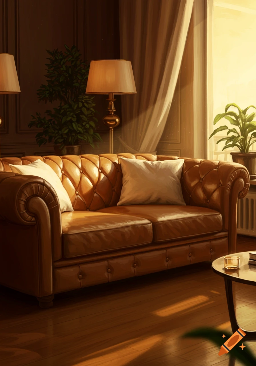 A warm, sunlit living room with a tufted brown leather sofa, floor lamps, and potted plants, rendered in a painterly style.