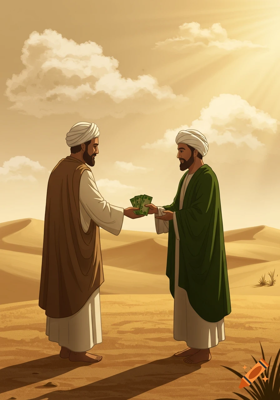 Animated illustration of two bearded men in turbans and robes exchanging money in a desert landscape under a cloudy sky.