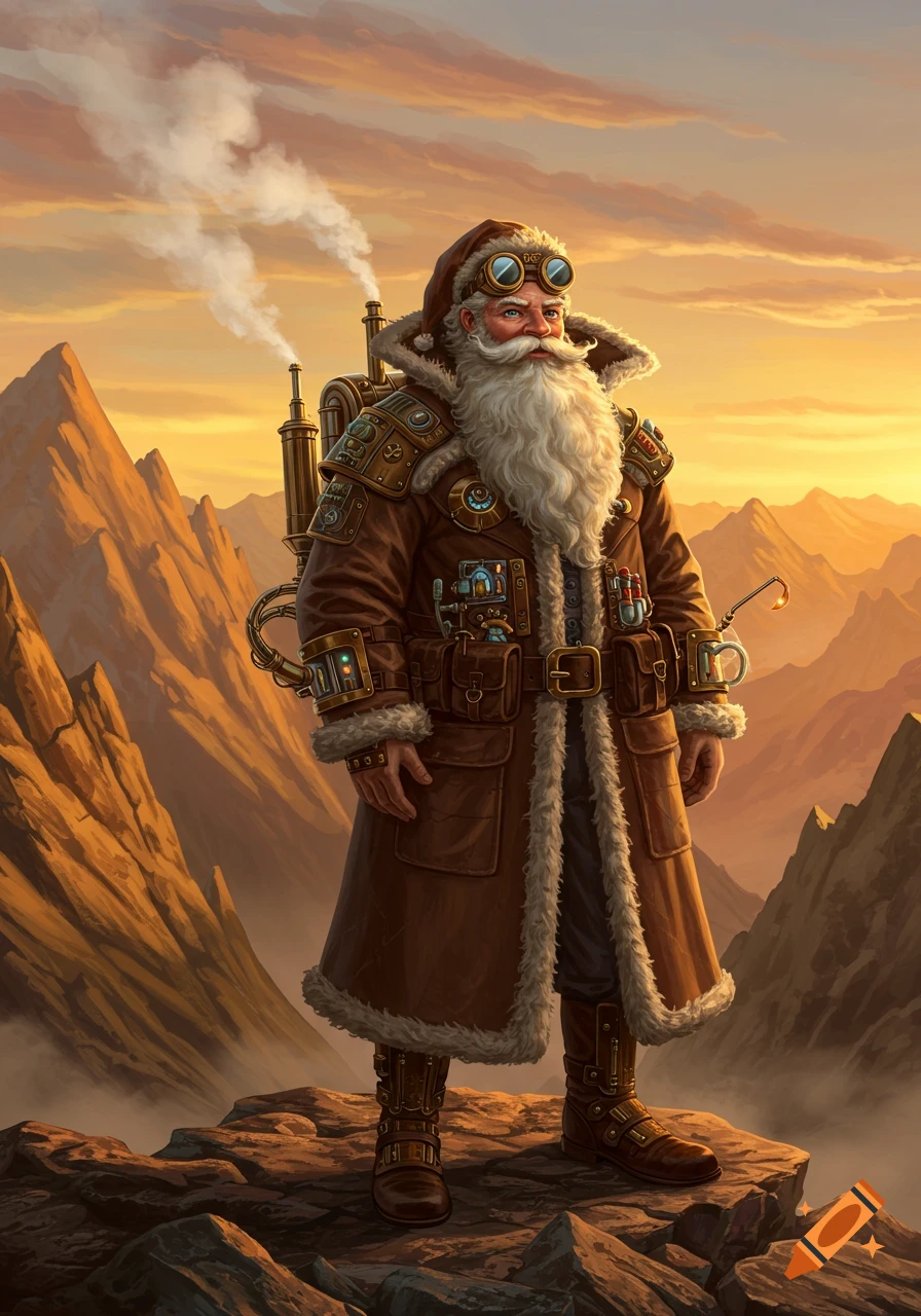 Steampunk Santa Claus with goggles and a long fur-lined coat stands on a rocky mountain peak at sunset.