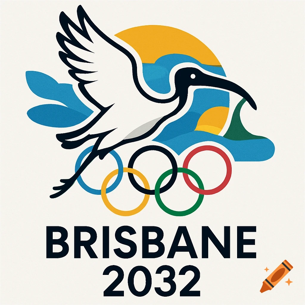 Stylized Brisbane 2032 Olympics logo with a white ibis, colorful abstract shapes, and Olympic rings, text 'BRISBANE 2032'.