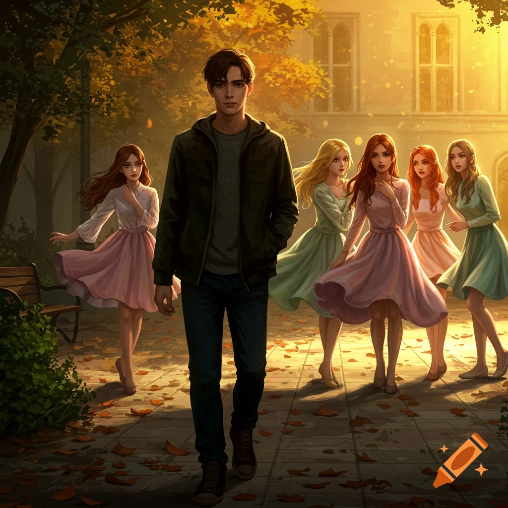 An illustrated scene of a young man walking away from five young women in a sunlit, autumn park setting.