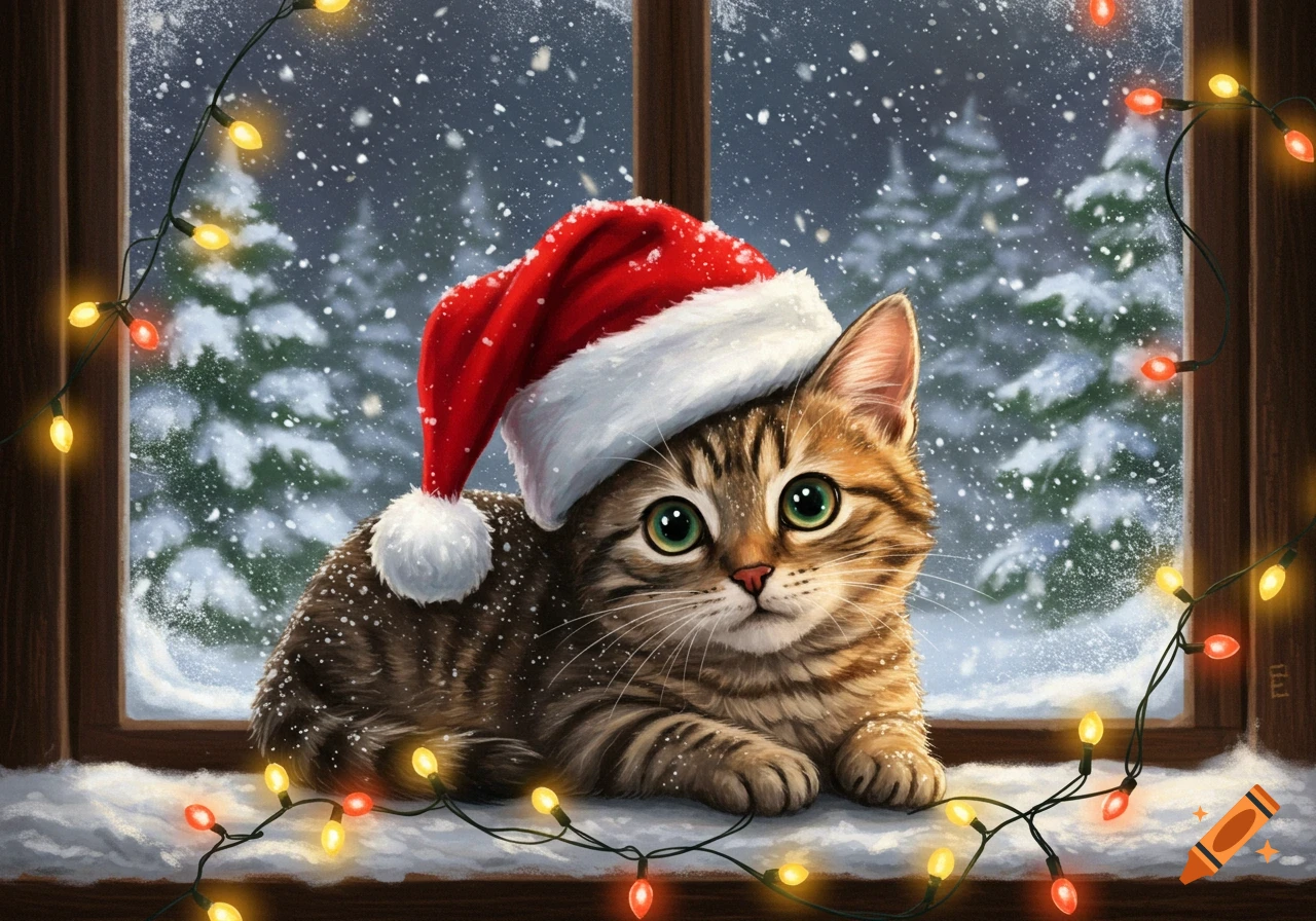 A cute tabby kitten wearing a Santa hat sits on a snowy windowsill, surrounded by colorful Christmas lights with a snowy outdoor scene in the background.