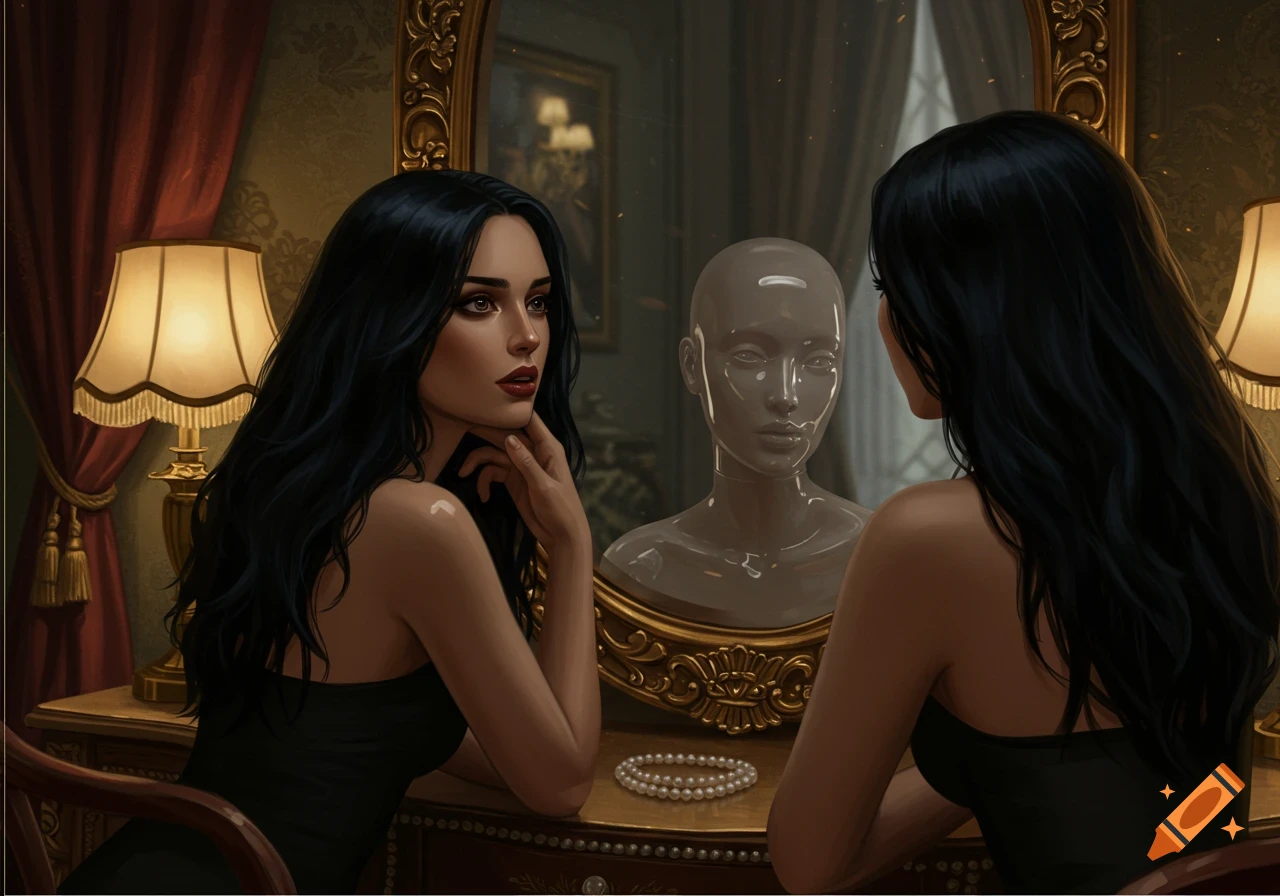 A woman with long black hair in a black dress looks into a mirror, where her reflection is a transparent plastic mannequin bust. She sits at a vanity in a dim, luxurious room.