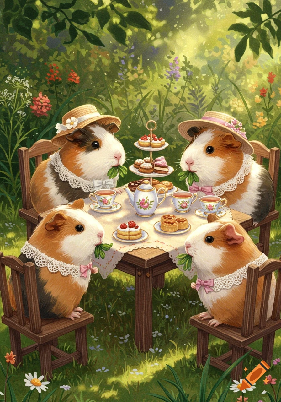 Four cute guinea pigs in hats and lace collars at a whimsical tea party in a lush garden, depicted in a painterly style.