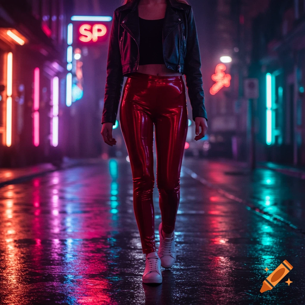 A stylish woman in shiny red leggings and a black leather jacket walks on a wet urban street at night, neon lights reflecting.