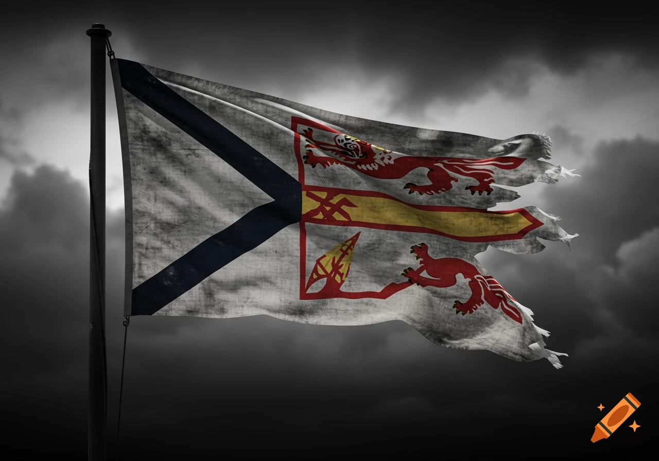 A weathered and torn Newfoundland flag with heraldic symbols waves against a dark, stormy sky.