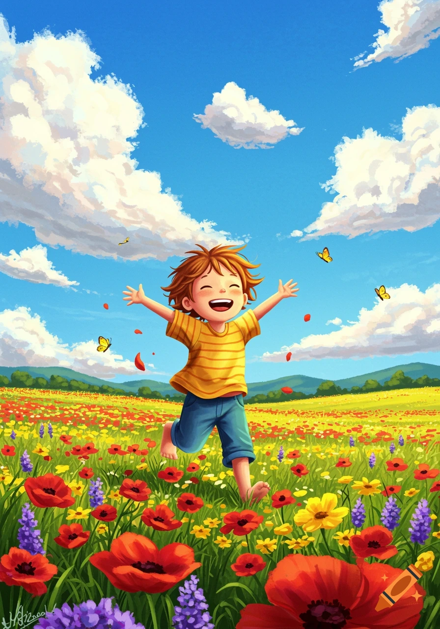 A joyful illustrated child runs with outstretched arms through a vibrant field of red, yellow, and purple flowers under a blue sky.