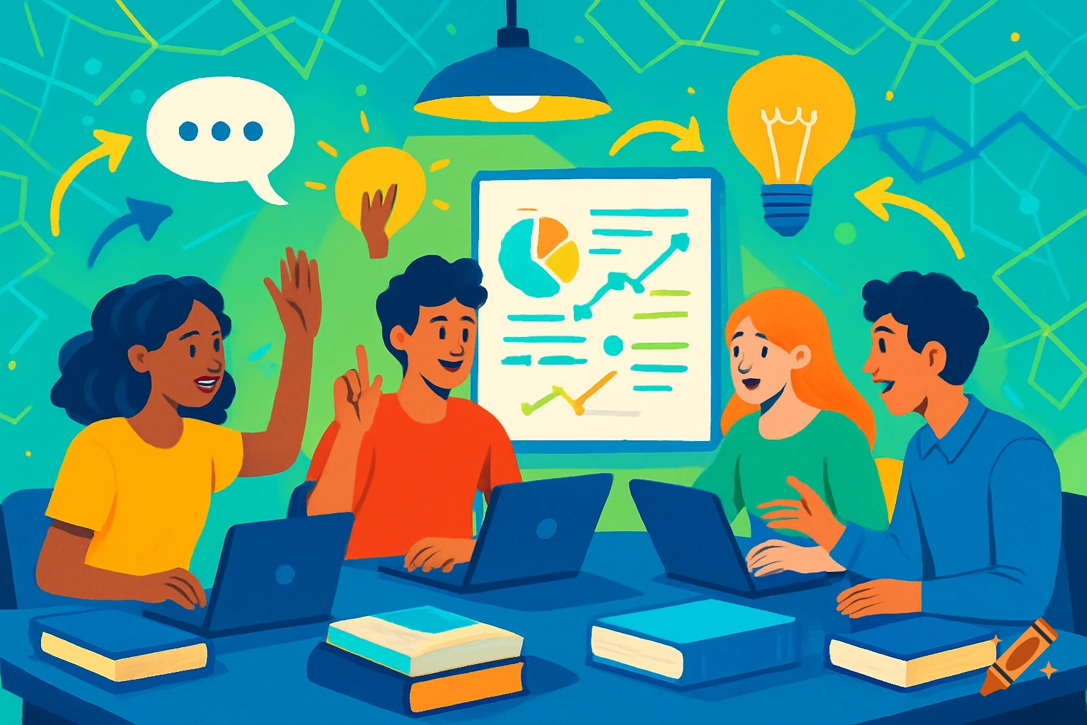 Colorful illustration of four students collaborating around a table with laptops, books, and a chart, surrounded by idea icons. on Craiyon