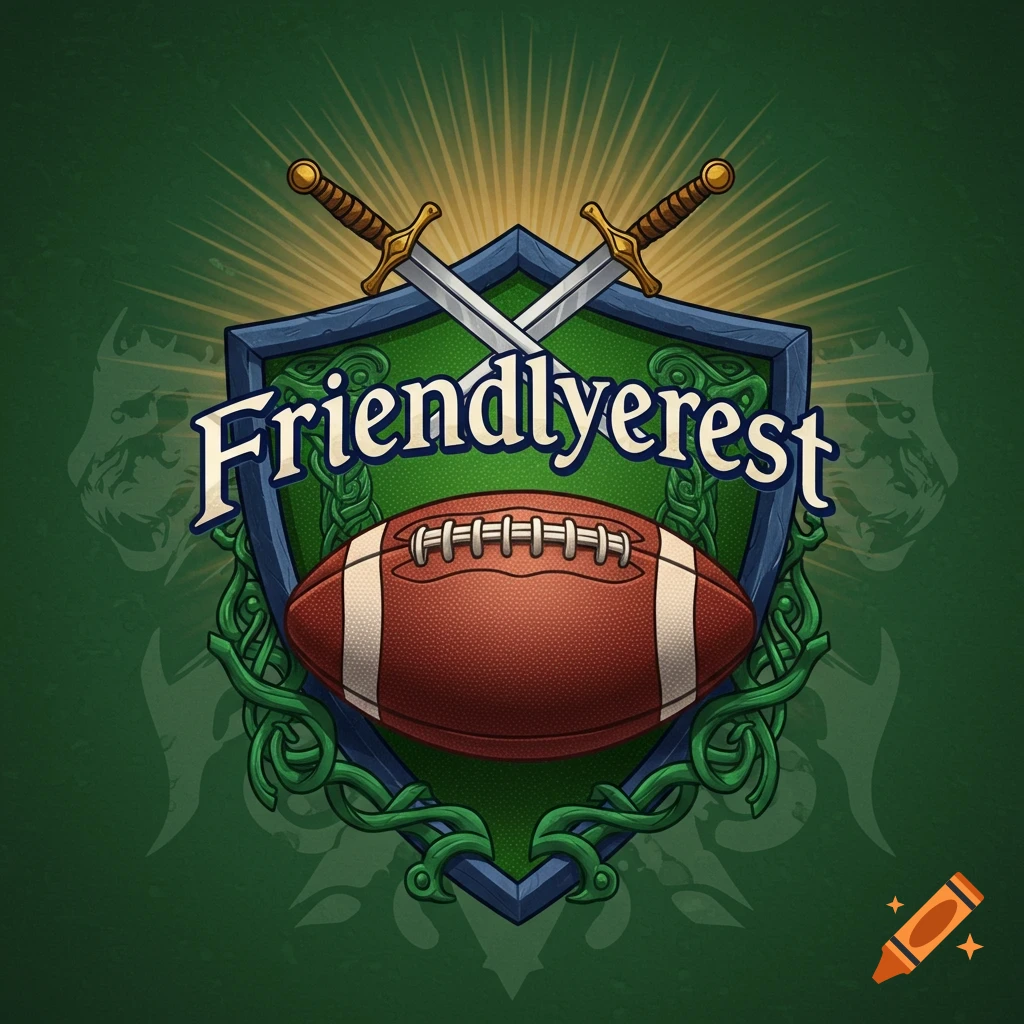 Fantasy emblem featuring crossed swords, a blue shield, a football, and 'Friendlyerest' text on a green background.