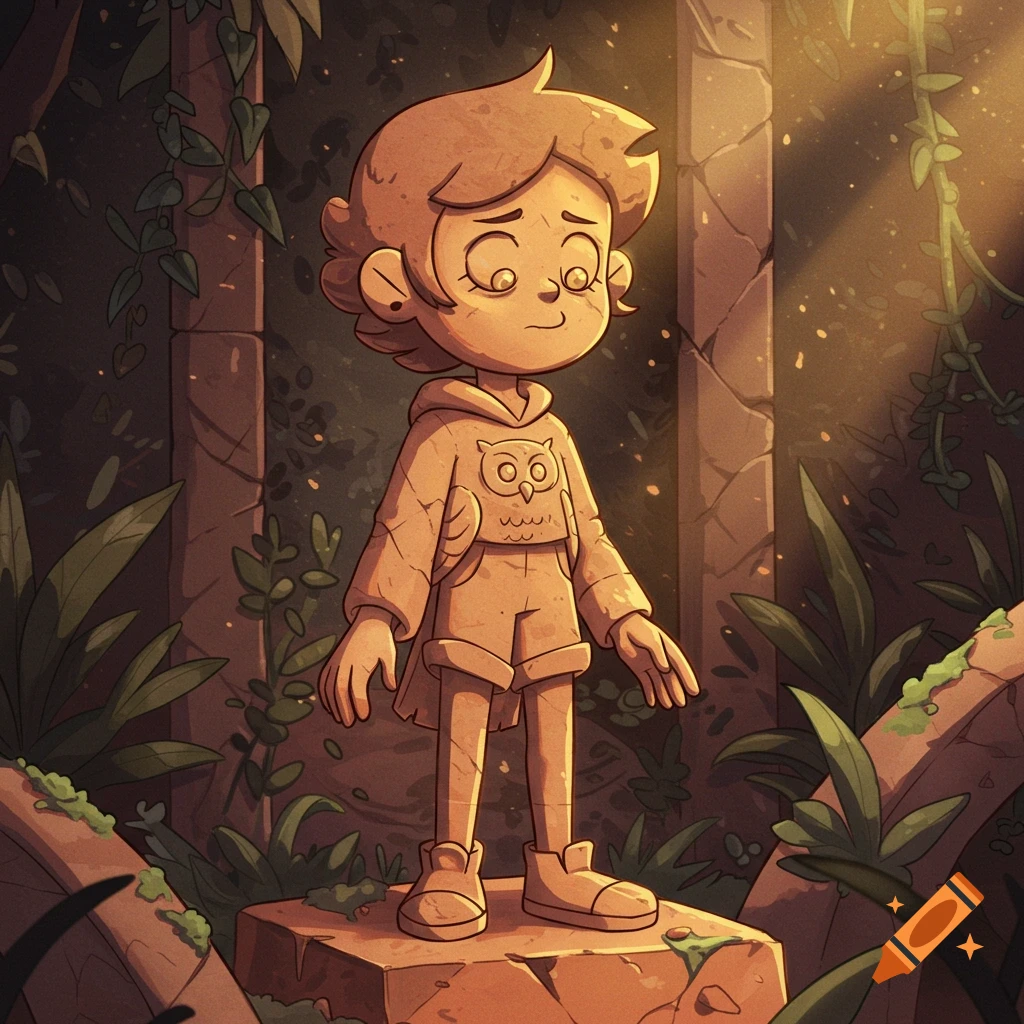 Cartoon character Luz from The Owl House depicted as a defeated stone statue, standing in a sun-dappled, overgrown forest ruin.