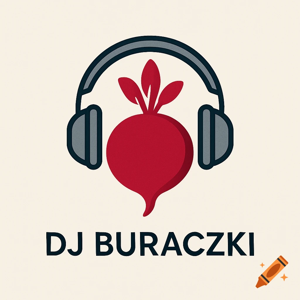 A minimalist logo of a red beet wearing grey headphones, with the text "DJ BURACZKI" underneath on a cream background.