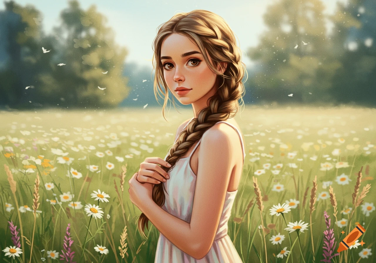 A young woman with a long braided brown ponytail stands in a sunlit field of white and yellow daisies.