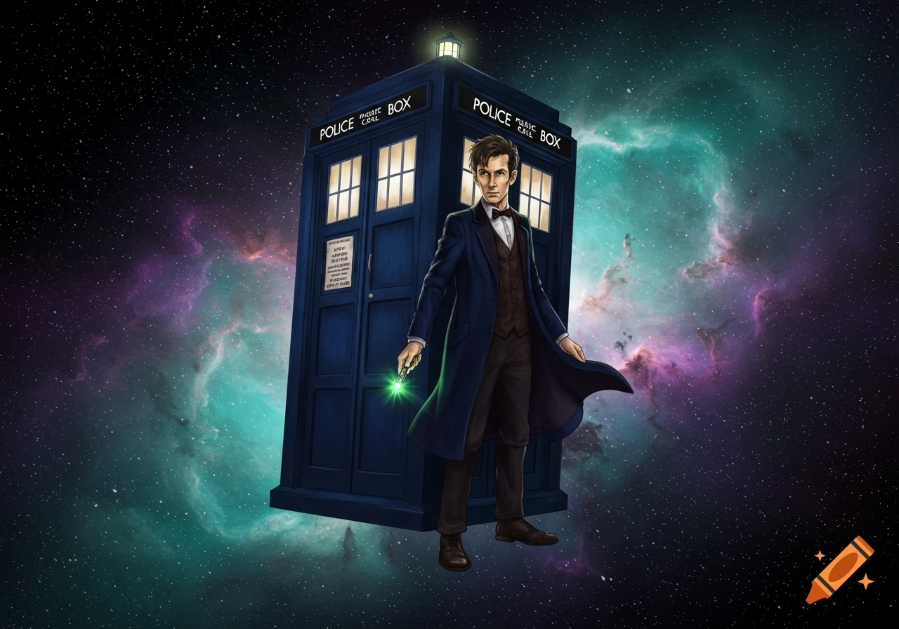 An illustration of the Tenth Doctor standing beside the TARDIS, both floating in a vibrant purple and teal nebula in deep space.