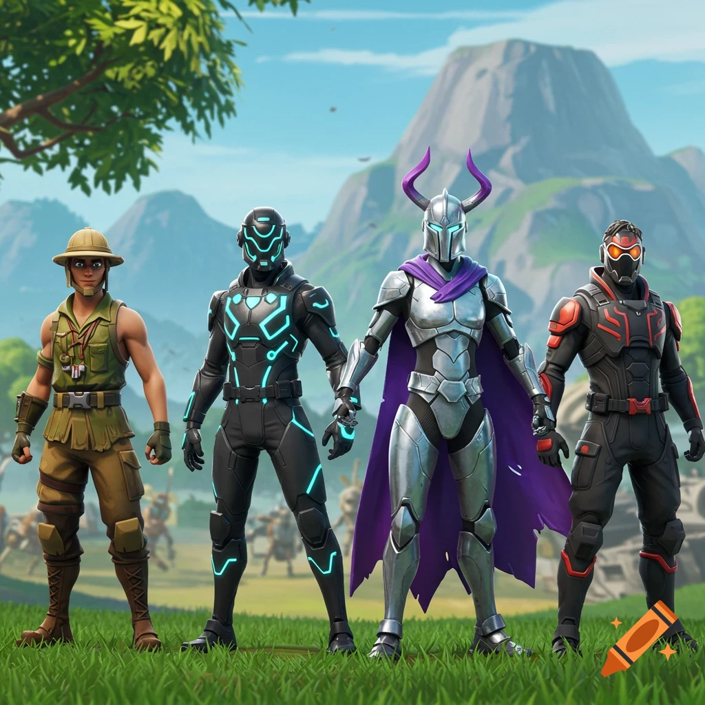 Four stylized characters, resembling Fortnite skins, stand in a grassy field with mountains in the background.