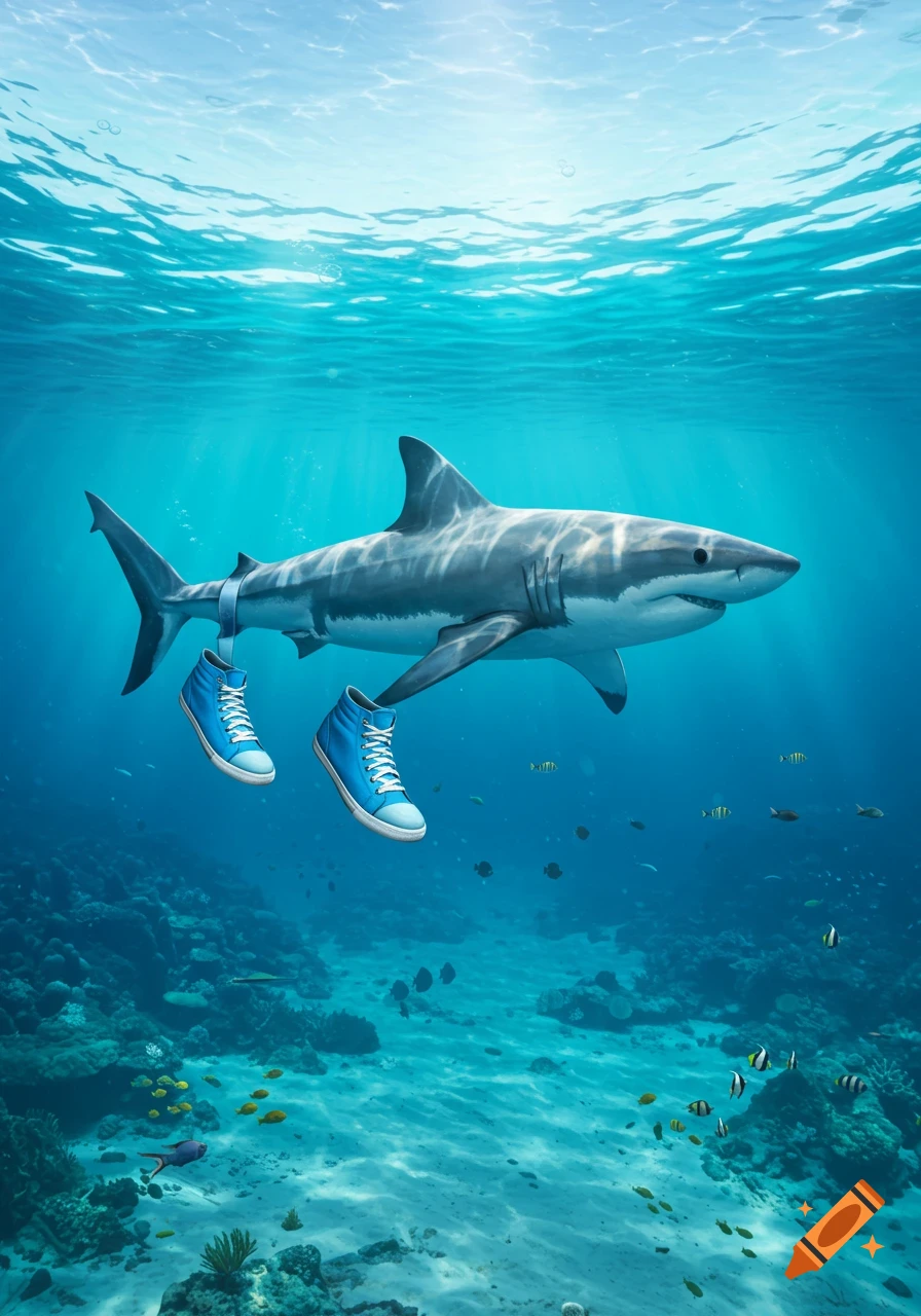Photorealistic great white shark wearing blue sneakers swims in clear ocean water above a coral reef.