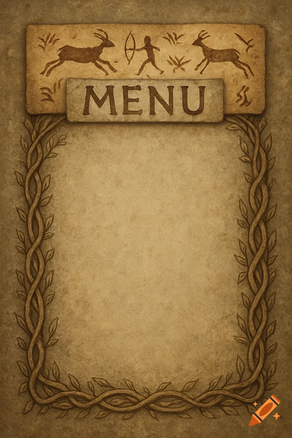 A rustic menu template with a cave painting banner depicting a hunter and deer, framed by intertwined vines on aged paper.