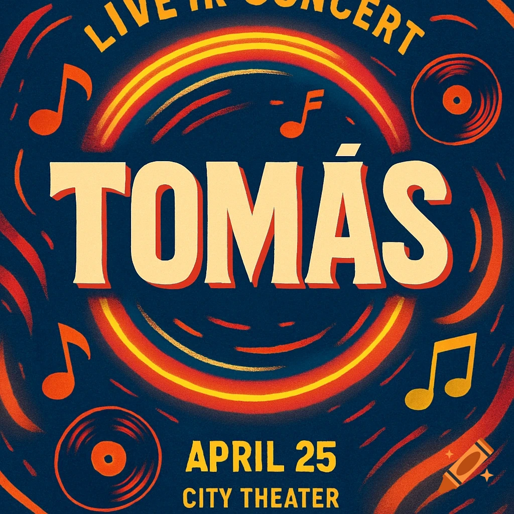 Concert poster for Tomás, featuring music notes and vinyl records on a dark blue background with orange and yellow circular patterns.