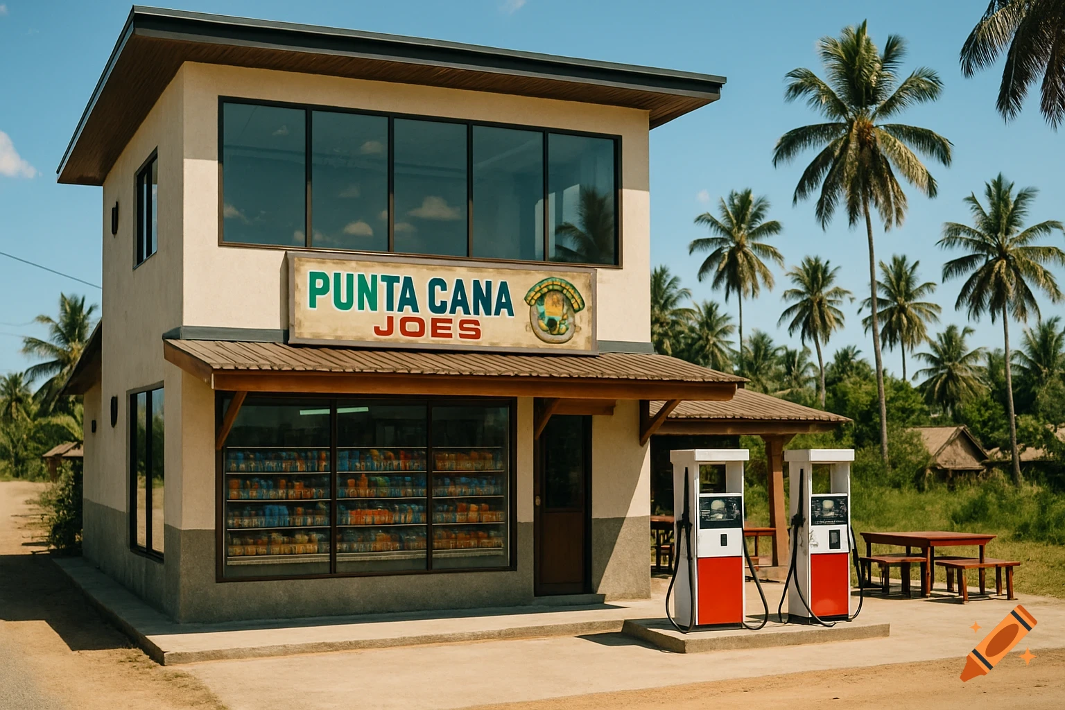 A modern rural storefront with 'PUNTA CANA JOES' sign, gas pumps, outdoor tables, and palm trees under a clear sky.