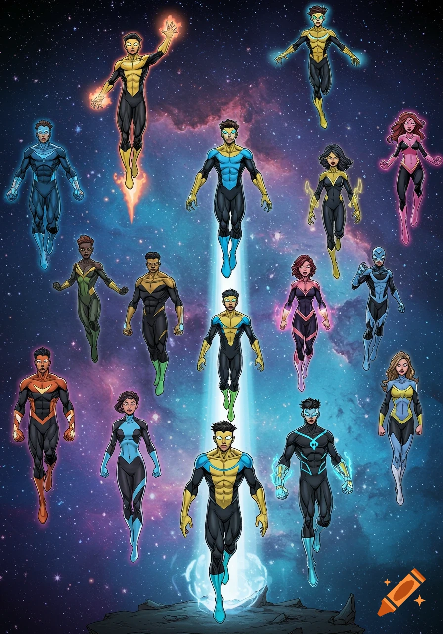 Seventeen diverse comic book superheroes with glowing powers, wearing colorful costumes, float in a starry cosmic background.
