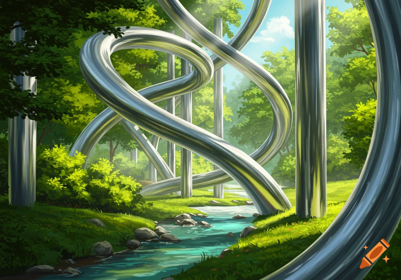 Shiny metallic, twisted tube-like structures winding through a lush green forest with a stream, in an illustrative style.