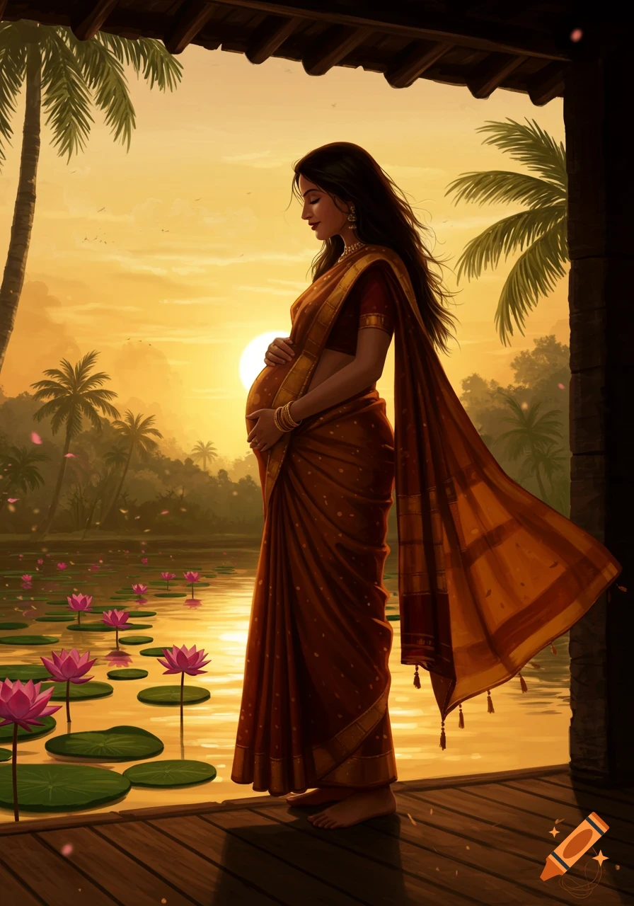 Pregnant South Asian woman in a sari stands by a lotus pond at sunset, gently holding her belly, framed by palm trees.