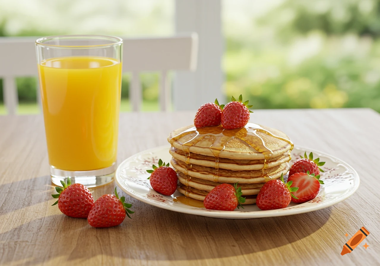 Photorealistic image of a stack of pancakes with syrup and strawberries next to a glass of orange juice on a wooden table.